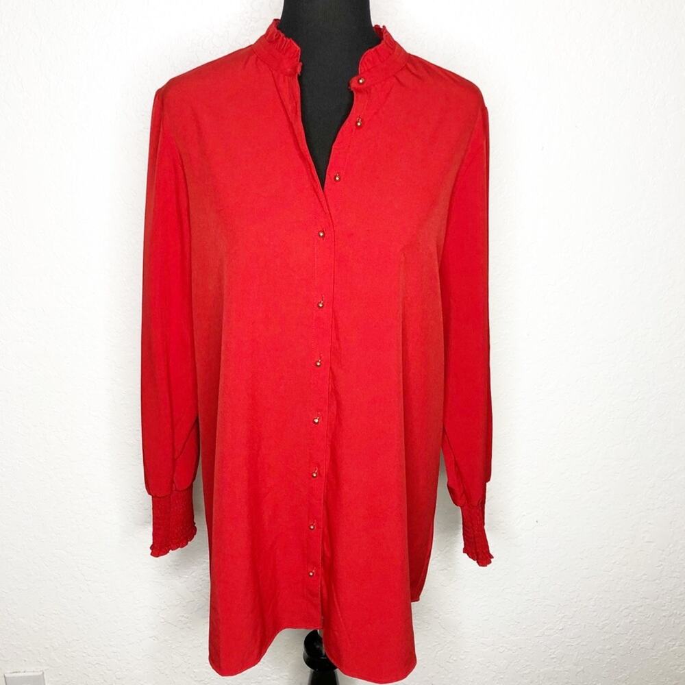 Soft Surroundings red gold button ruffle trim tunic top size Large